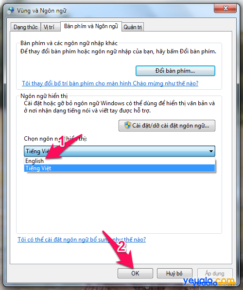 Cách chuyển giao diện ngôn ngữ Tiếng Việt sang Tiếng Anh trên máy tính Windows 7 3