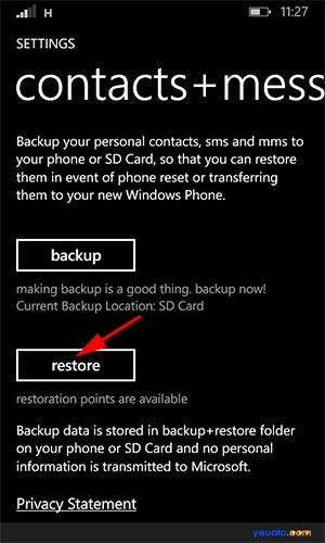 Cách khôi phục danh bạ điện thoại Lumia 1